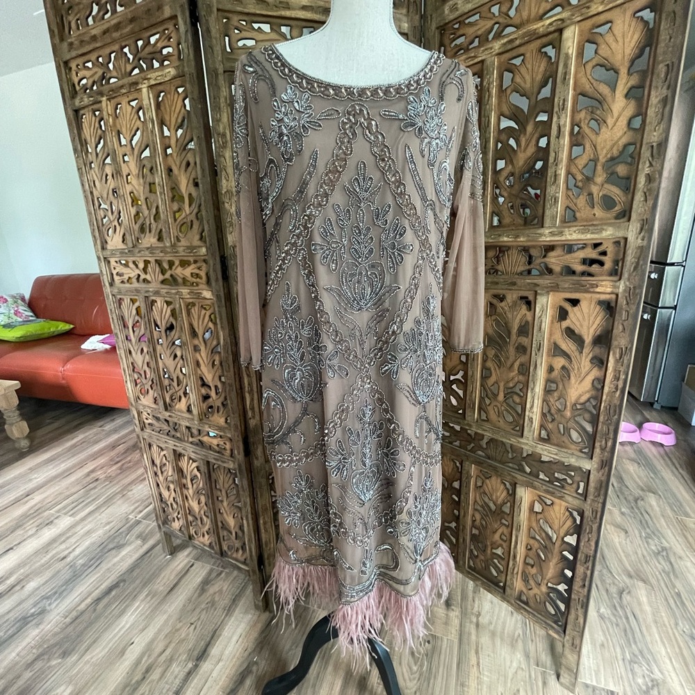 Beautiful Beaded Dusty Mauve and Antique Silver Feathered Hem Cocktail Dress